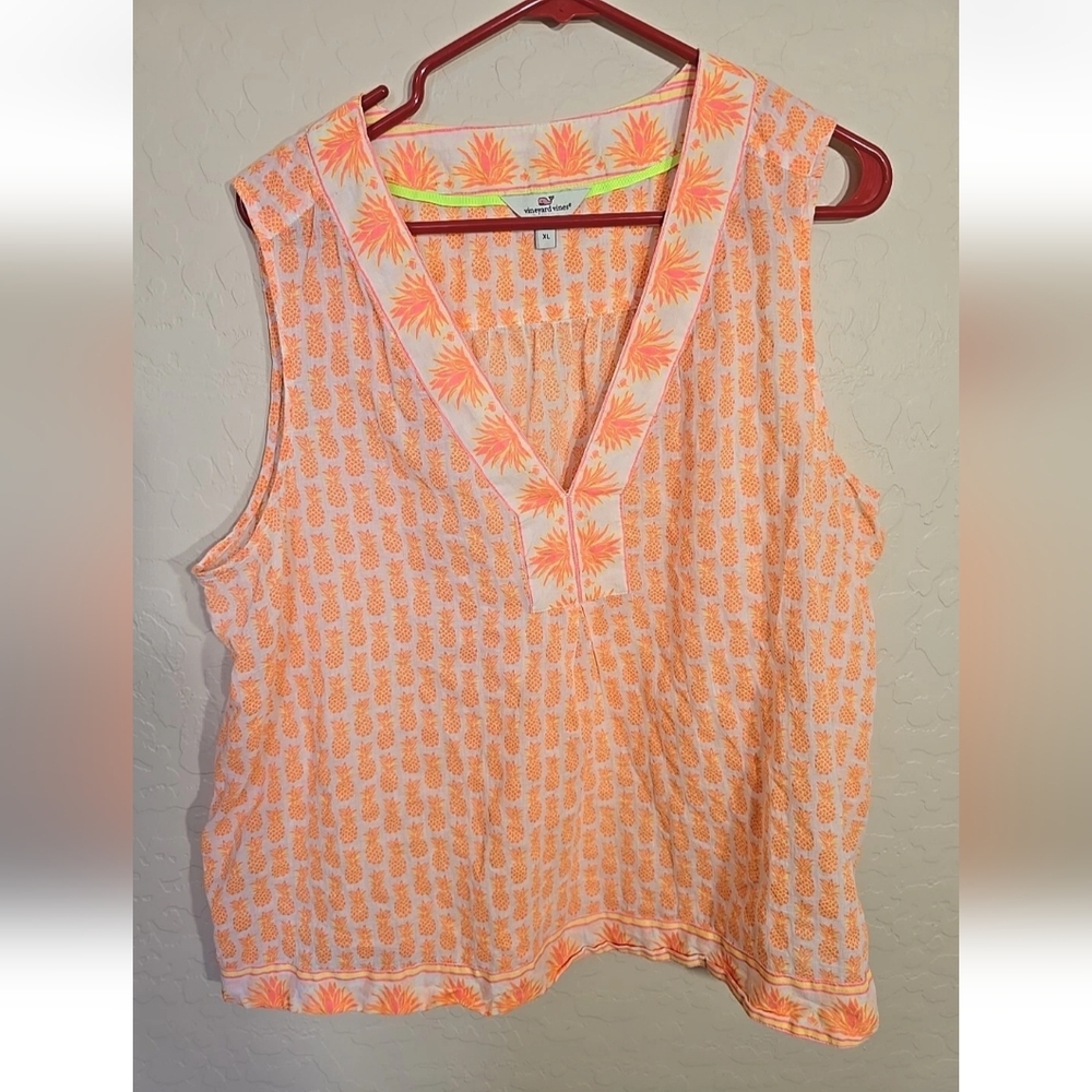 Vineyard Vines Pineapple Print Orange Sleeveless Top Size XL